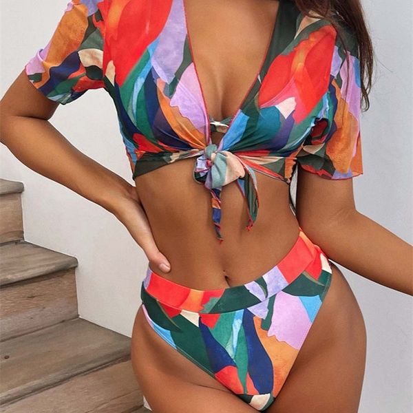 

s xxl colorful print high waist bikini female swimsuit women swimwear threepiece bikini set bather bathing suit swim v2805p 220527, White;black