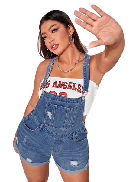 

sxy plus 1pc patched pocket ripped denim overall romper y49c#, Black;white