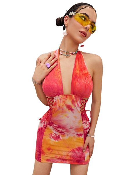 

tie dye lace up side backless halter bodycon dress n1zf#, Black;gray