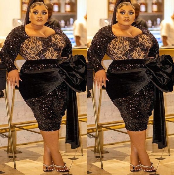 2022 Plus Size Arabisch Aso Ebi Schwarz Sexy Glitzer Ballkleider Knielang Abend Formale Party Zweiter Empfang Geburtstag Verlobung Brautjungfernkleider Kleid ZJ605