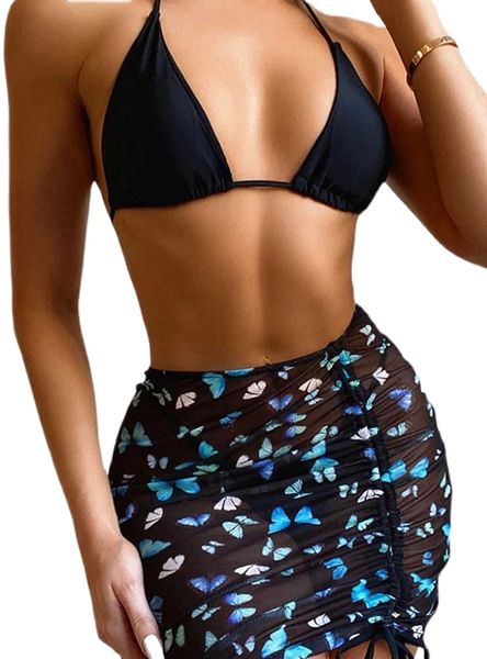 

women's 3 piece triangle bikini bathing suits with beach skirt butterfly print swimsuits swimwear 55tz#, White;black