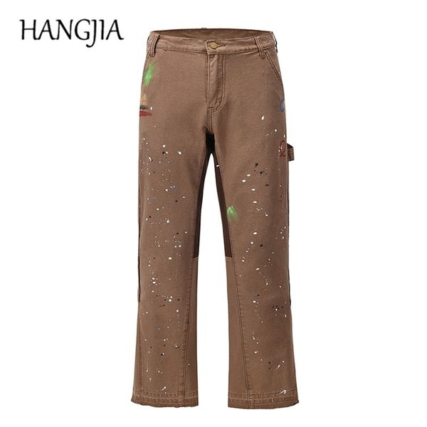 

fashionable patchwork cargo flared pants khaki black splash ink wide leg pant hip hop graffiti trousers men 220325