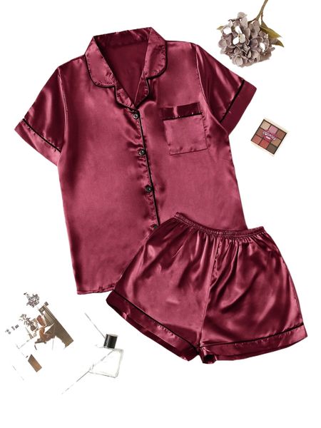 

contrast binding satin night set g85c#, Black;red