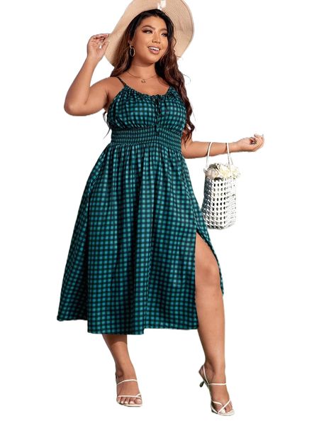 

plus gingham shirred waist split thigh knot front cami dress z69o#, Black