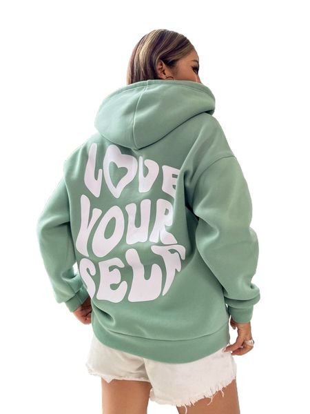 

letter graphic drop shoulder drawstring thermal lined hoodie o3ze#, Black