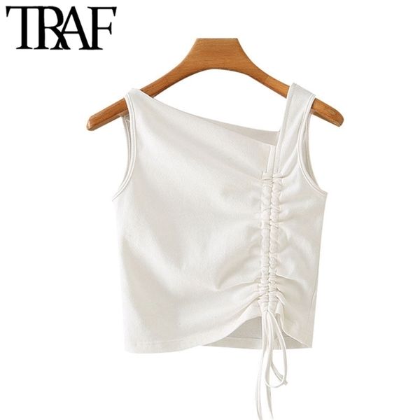 

traf women fashion with tie asymmetry cropped blouses vintage skew collar sleeveless female shirts chic 210308, White