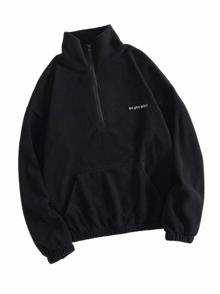 

slogan embroidery half zip fleece sweatshirt a9oe#, Black