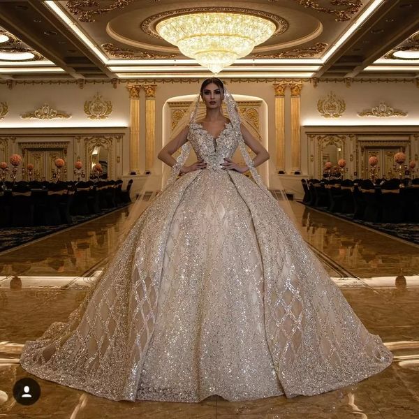 

luxury sparkly gold sequined v neck wedding dresses bridal gowns arabic dubai sleeveless pleats vintage cathedral train bride gown plus size, White