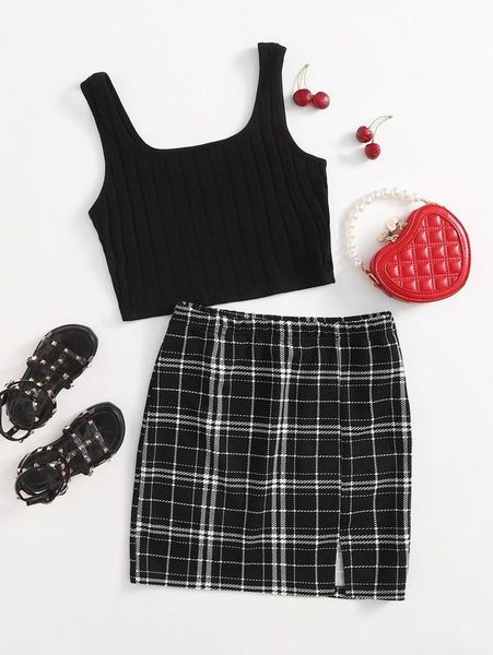 

teen girls rib-knit tank & split hem plaid skirt set she, White