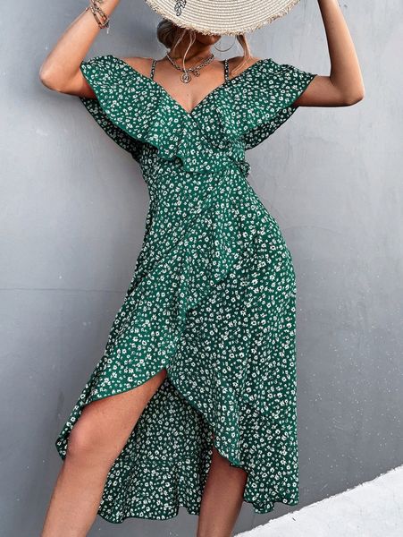 

ditsy floral print cold shoulder knot side ruffle trim wrap dress i1x9#, Black;gray