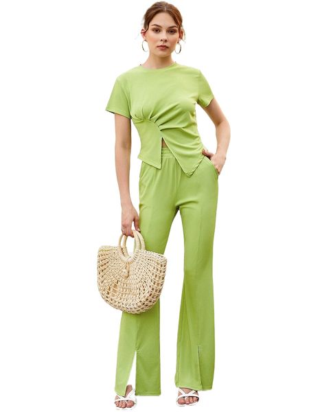 

rib-knit asymmetrical hem tee with split hem pants t9sr#, White