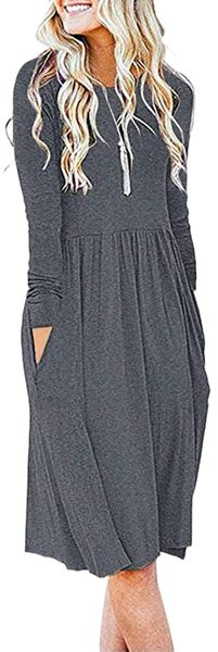 

women's l.ong s.leeve p.ockets empire w.aist pleated l.oose swing c.asual flare d.ress z3tu#, Black;gray