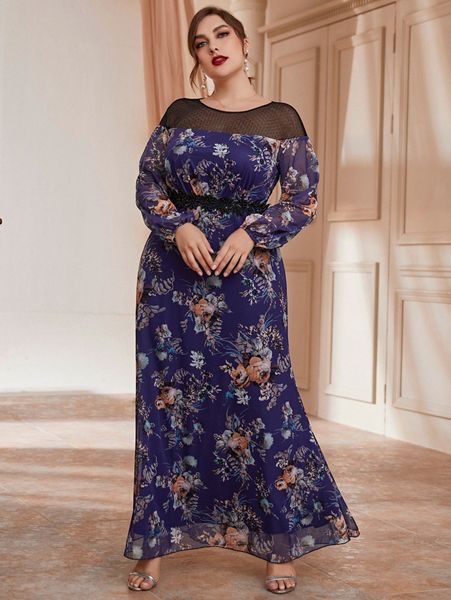 

plus mesh panel floral print embroidery appliques dress k258#, Black