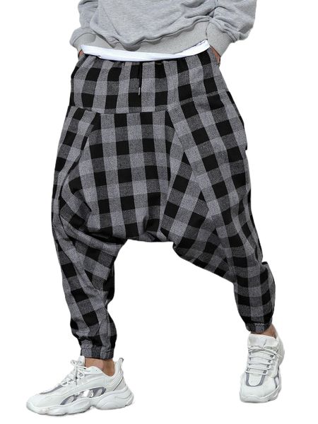 

men buffalo plaid drawstring waist drop crotch pants x9ho#, Black