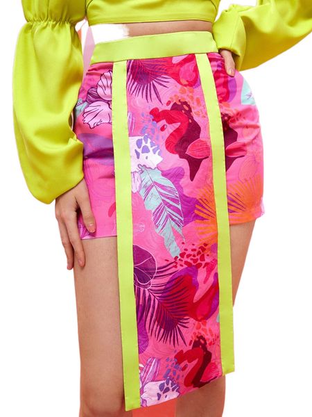 

x sarabasti tropical print contrast panel draped detail skirt g1t1#, Black