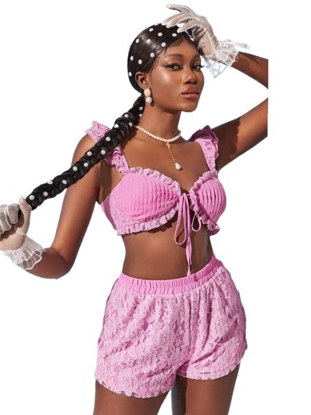 

contrast lace frill trim knot front & shorts 15j3#, White