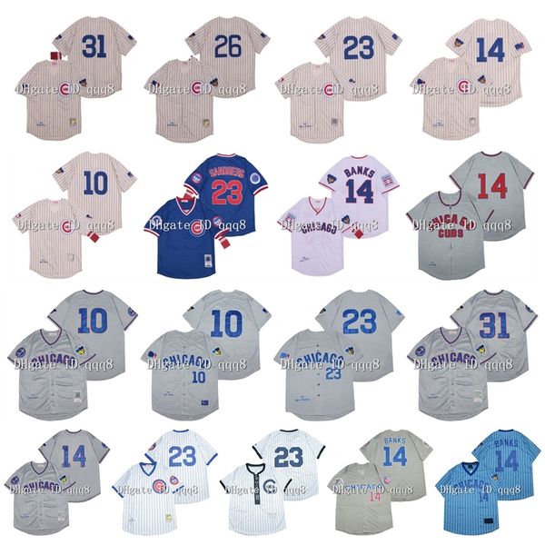 Na85 Vintage 10 Ron Santo Jersey 14 Ernie Banks 26 Billy Williams 23 Ryne Sandberg 31 Fergie Jenkins Maglie da baseball retrò