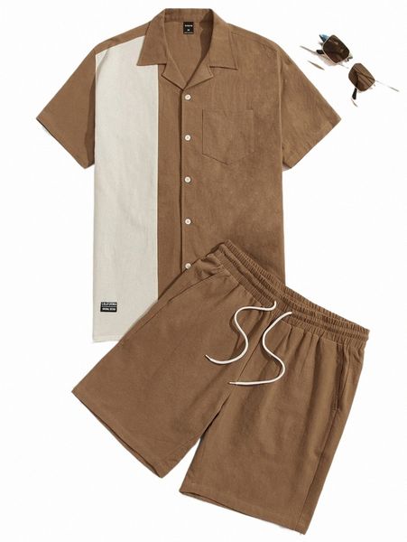 

men patch detail two tone shirt & drawstring waist shorts d449#, Gray