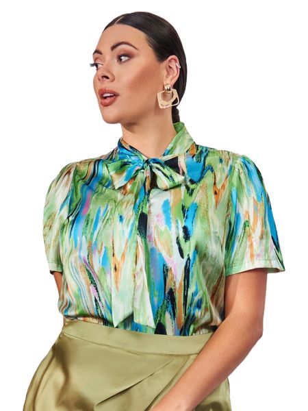 

plus tie dye knot neck puff sleeve blouse h4tz#, Black