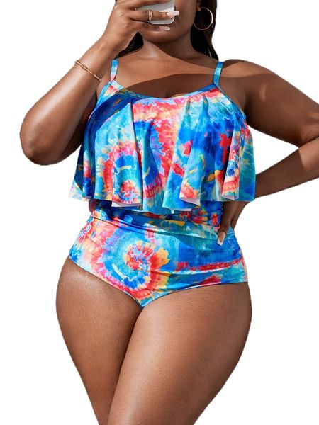 

plus spiral tie dye flowy ruffle trim one piece swimsuit j2cq#, White;black