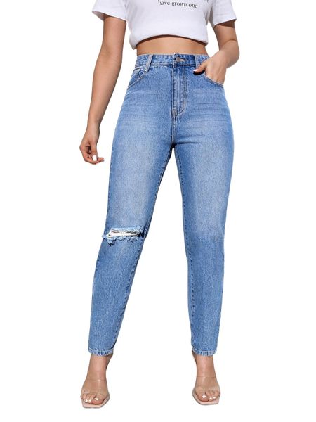 

zipper fly ripped straight leg jeans y5hv#, Blue