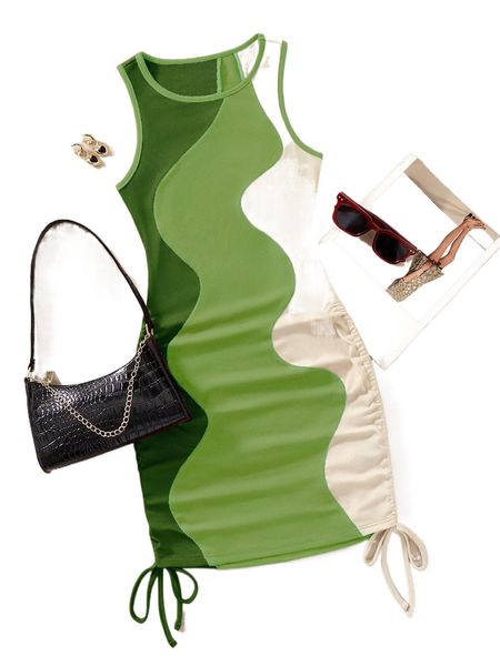 

drawstring side color block bodycon tank dress d64v#, Black;gray