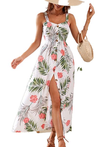 

tropical print button front cami dress g7tq#, Black;gray
