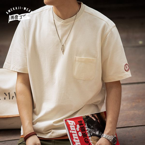 

maden printted solid tshirts men vintage round neck tee short sleeve casual white beige loose contrast tshirt pocket man cloth220622, White;black