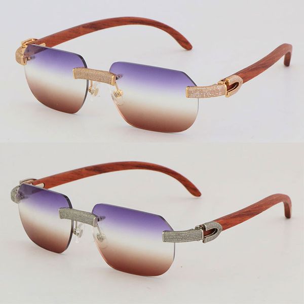 

new designer micro-paved diamond set rimless wooden mix metal sunglasses wood square sun glasses outdoor design classical model glasses 18k, White;black