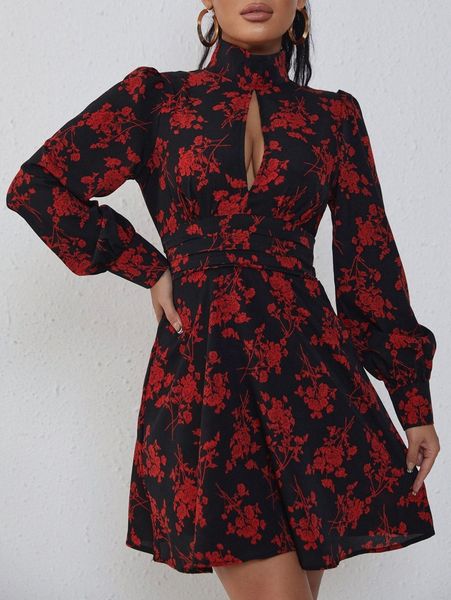 

floral peekaboo front swing dress t3nm#, Black;gray