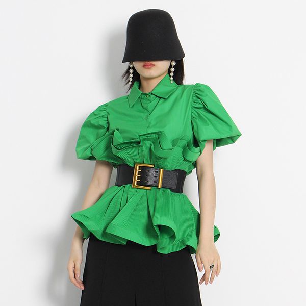 

lady tees single breasted lapel stitched belt short shirt princess ruffle blouse, White