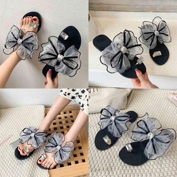 

slippers summer new bowtie decorate nonslip sandals mesh breathable slipper flats mules casual female beach flip flops woman shoes 220518, Black