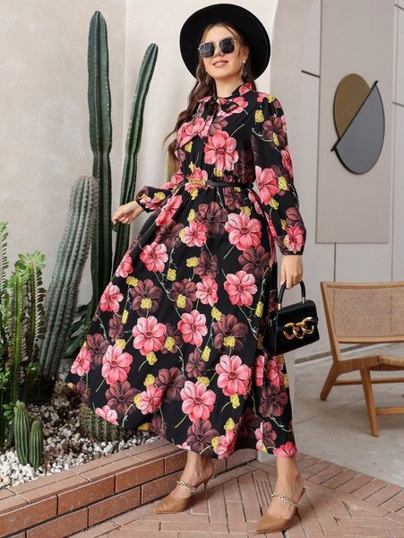 

plus floral print puff sleeve tie neck dress without belt v7wg#, Black