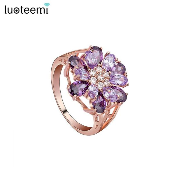 

wedding rings luoteemi aesthetic statement big flower women finger for bridal purple green engagement cubic zircon accessories, Slivery;golden