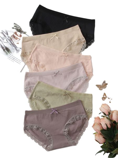 

6pack rib lace trim panty set p1vr#, Black;red