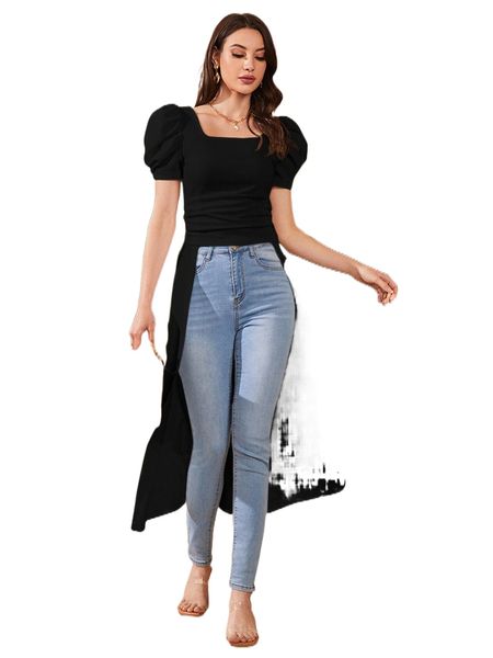 

square neck puff sleeve high low e8c0#, White