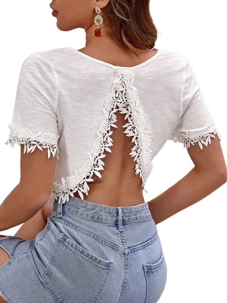 

guipure lace open back tee k1nl#, White