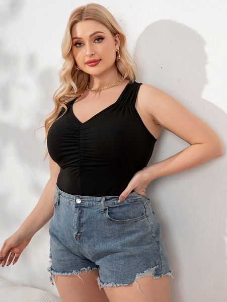 

plus ruched front tank bodysuit 4427#, Black