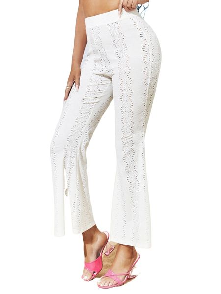 

sxy eyelet embroidery high waisted flare leg pants t8zz#, Black;white