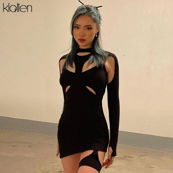 

women spring casual high street stretch slim hollow out mini bodycon dresses 2022 new simple solid black dresses, Black;gray