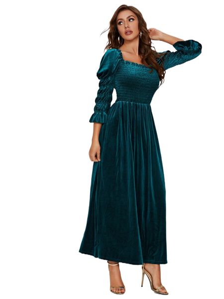 

square neck shirred puff sleeve velvet dress f2um#, Black;gray
