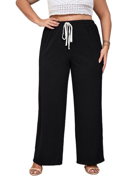 

plus tie front wide leg pants s05v#, Black