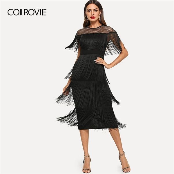 

colrovie black fishnet mesh yoke layered fringe bodycon dres summer slim fit pencil office ladies long dresses y200101, White;black