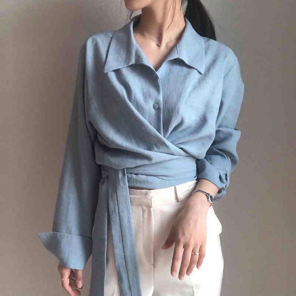 

women's blouses & shirts [ewq] korea autumn fashion trend women solid lapel single-breasted lace-up blouse casual loose long-sleeved sh, White