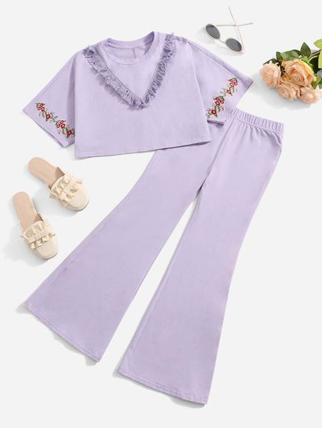 

girls floral print fringe trim tee and flare leg pants set she, White