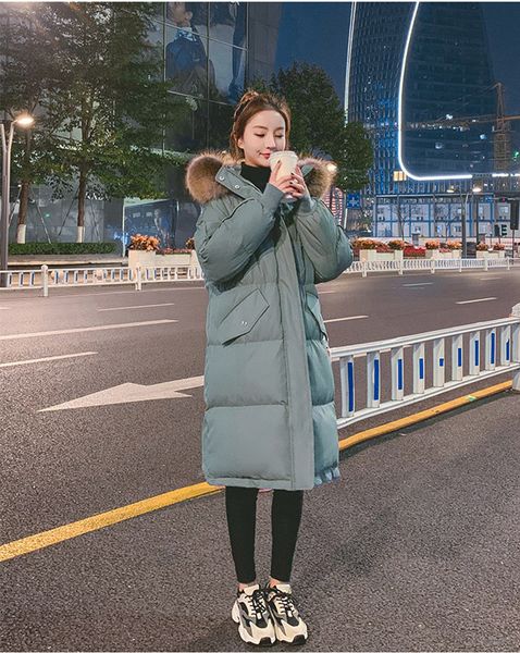 

oversize women's down jacket winter long hooded parkas thicken warm cotton padded coats loose big fur collar jacket snow coat, Black