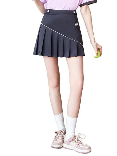 

cherry embroidery letter patched detail pleated skirt k5he#, Black