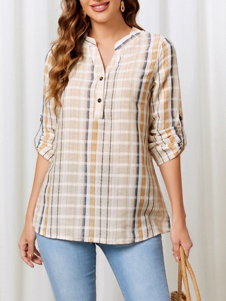 

emery rose plaid roll tab sleeve half button blouse c1a1#, White
