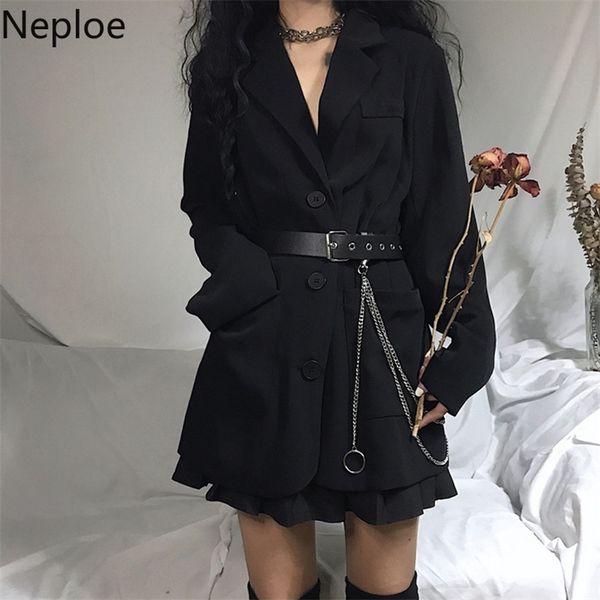 

neploe 2020 office lady notched blazers long sleeve women autumn harajuku oversize coat black medium long jacket with belt 55504 lj201021, White;black