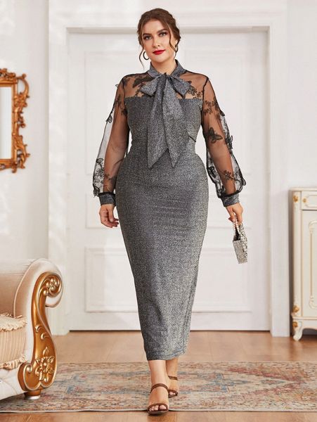 

plus butterfly mesh insert tie neck dress y6xc#, Black